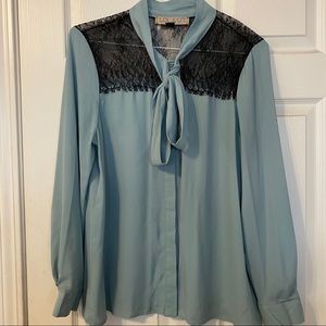 Light blue button down blouse with black lace